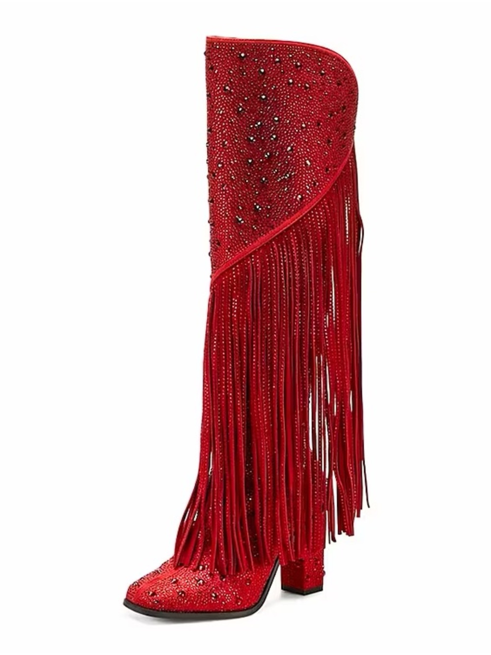 Jessica Simpson Red Fringe Embellished Rhinestone Round Toe Heeled Dress Boot